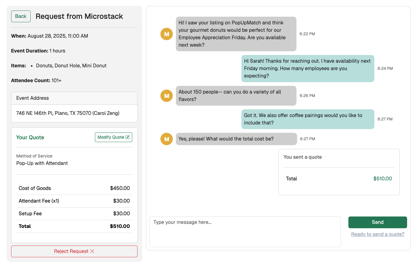 PopUpMatch quoting and messaging interface